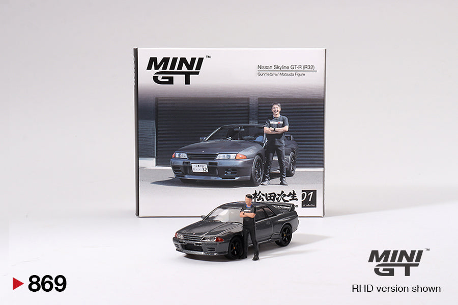 MiniGT 1:64 Nissan Skyline GT-R (R32) Nismo Gunmetal W/ Matsuda Figure – Tsugio Matsuda Collection #869