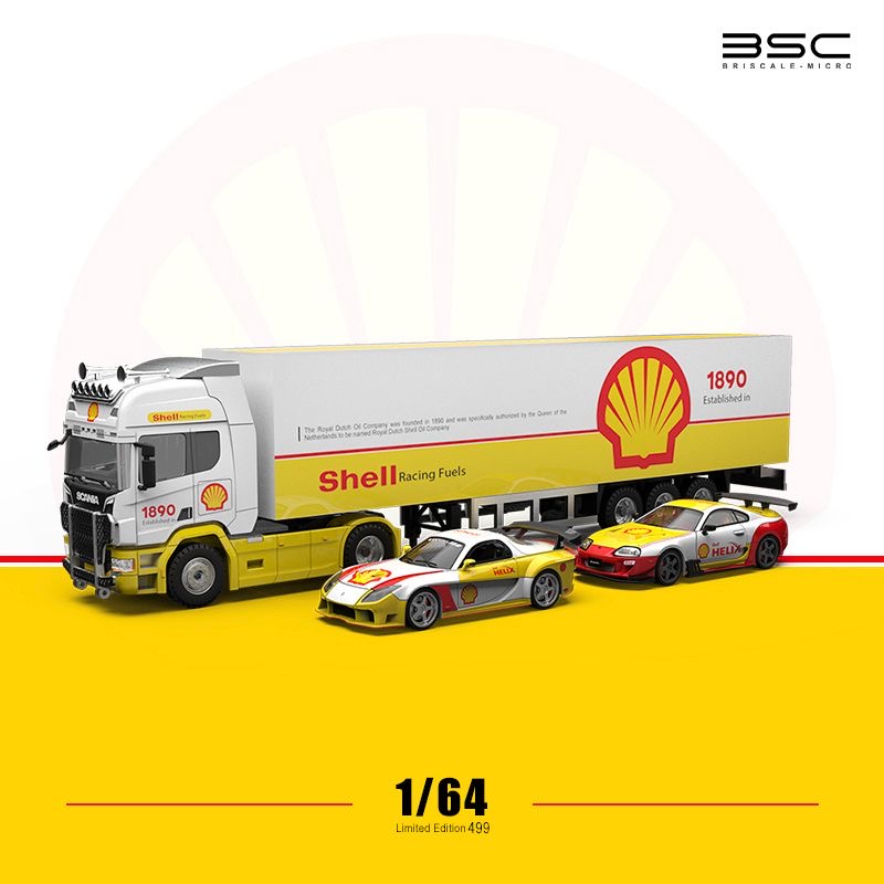 BSC 1:64 Shell Livery Scania Transport Truck With Supra, RX-7 & Figures - Complete Set