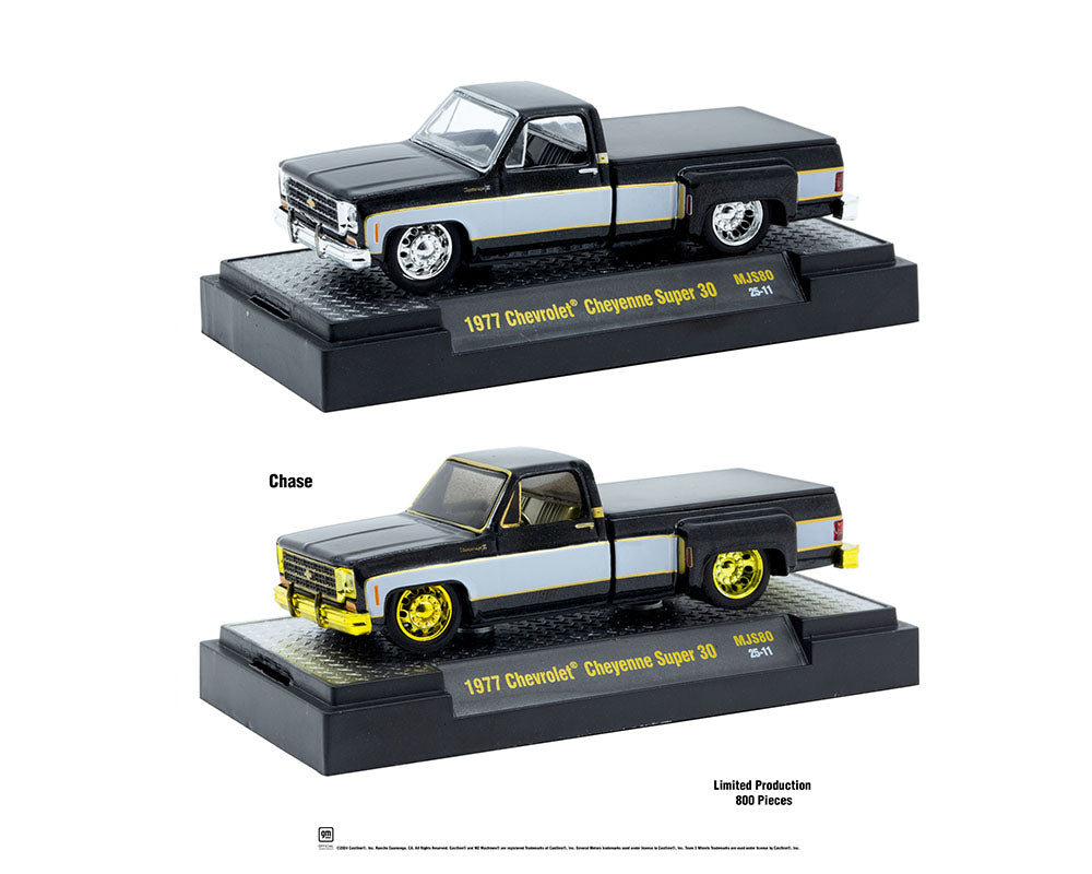 M2 Machines 1:64 1977 Chevrolet Cheyenne Super 30 Pickup Truck – Black and White Two Tone – MiJo Exclusives Limited Edition