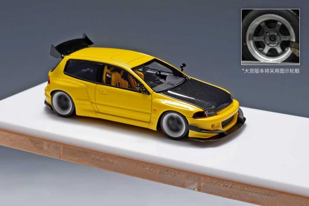 YM Model 1:64 Pandem Honda Civic EG4 K20 Resin - Yellow w/Carbon Hood