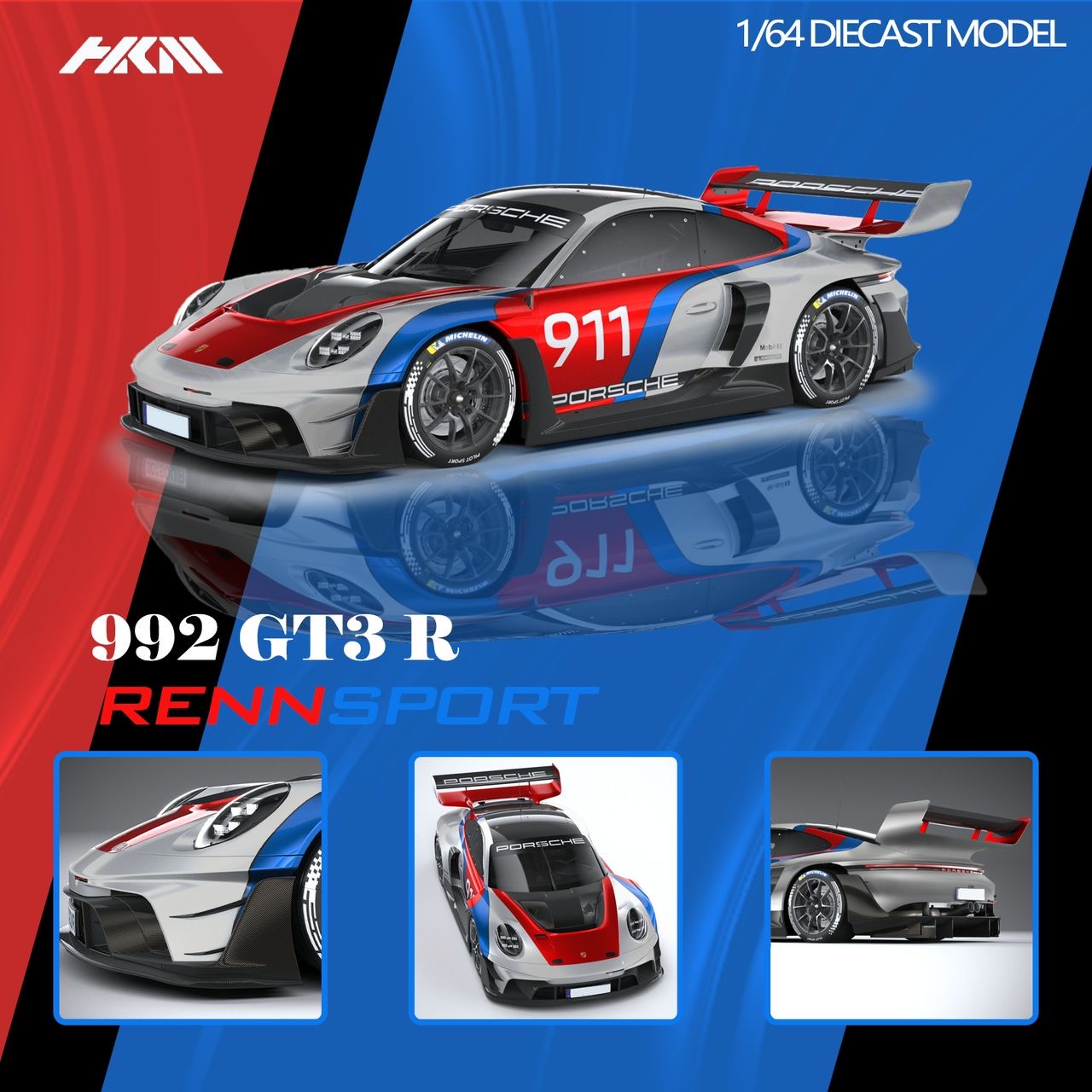 HKM 1:64 Porsche 992 GT3 R Rennsport - 911 Silver
