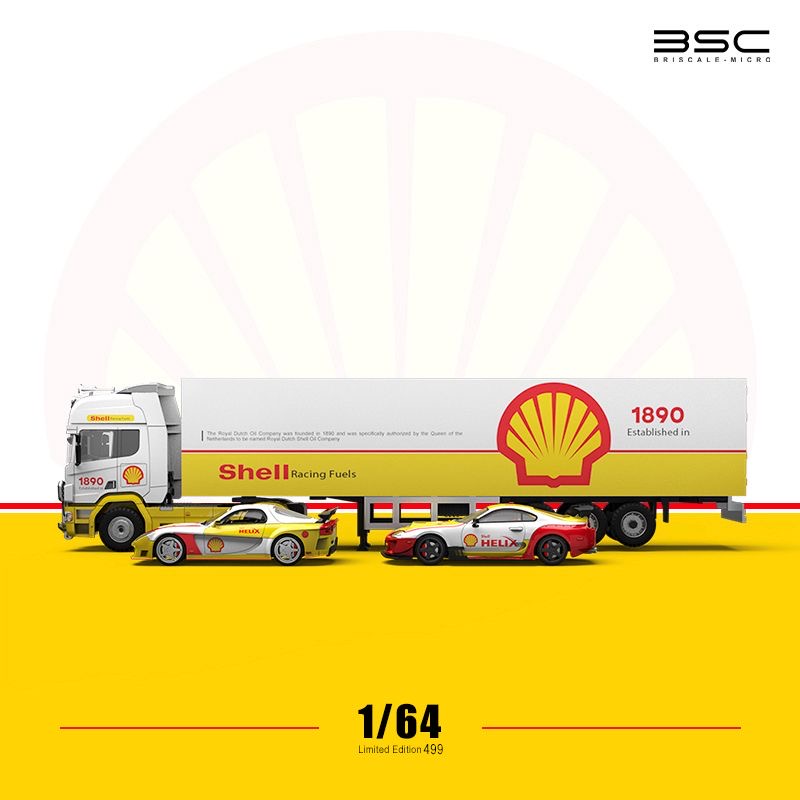 BSC 1:64 Shell Livery Scania Transport Truck With Supra, RX-7 & Figures - Complete Set