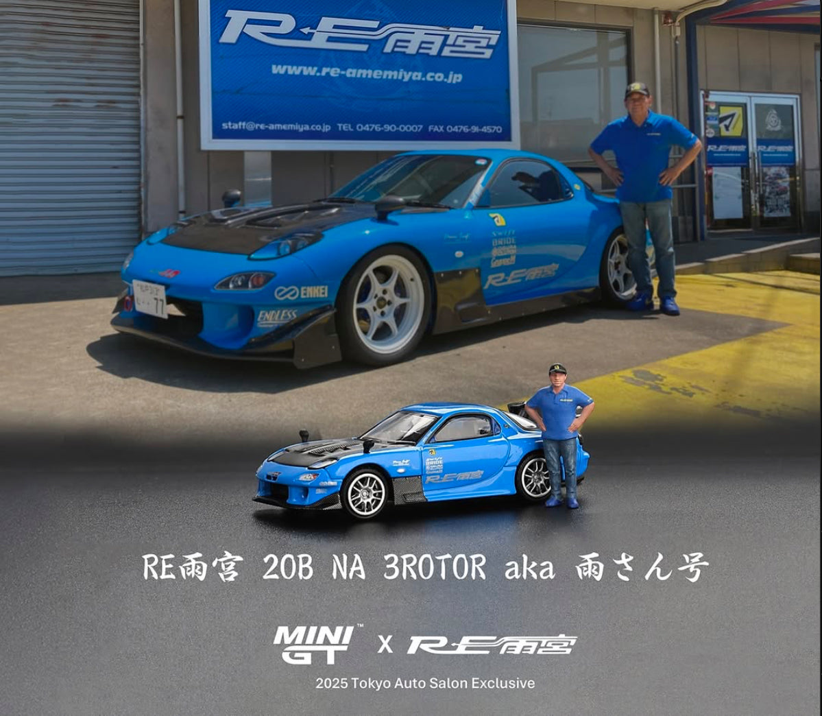MiniGT 1:64 Tokyo Auto Salon Exclusive Mazda RX-7 RE-Amemiya 20B NA 3ROTOR-7 w/ Ama-san Figure #880