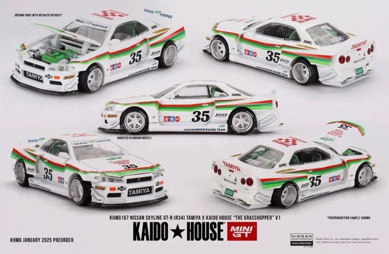 Kaido House 1:64 Nissan Skyline GT-R (R34) Tamiya "The Grasshopper" V1
- Regular & Chase PAIR