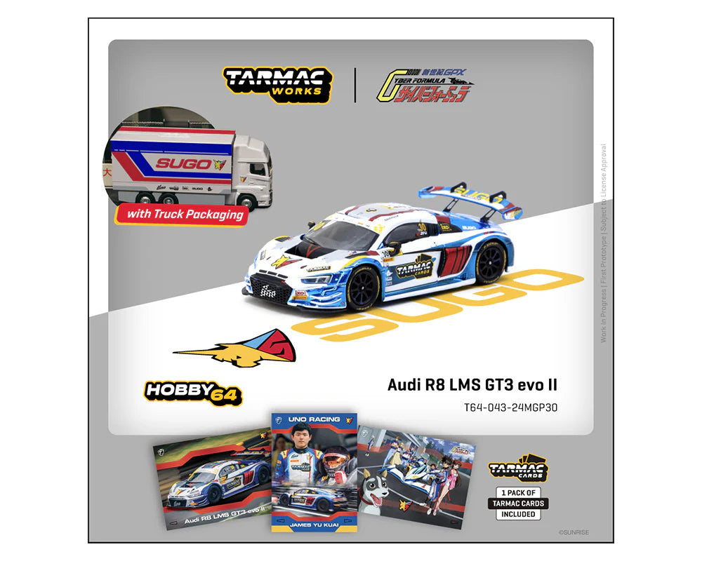 Tarmac Works 1:64 Audi R8 LMS GT3 EVO II Sugo – Macau GT Cup – FIA GT World Cup 2024 UNO Racing James Yu With Tarmac Cards & Truck Packaging