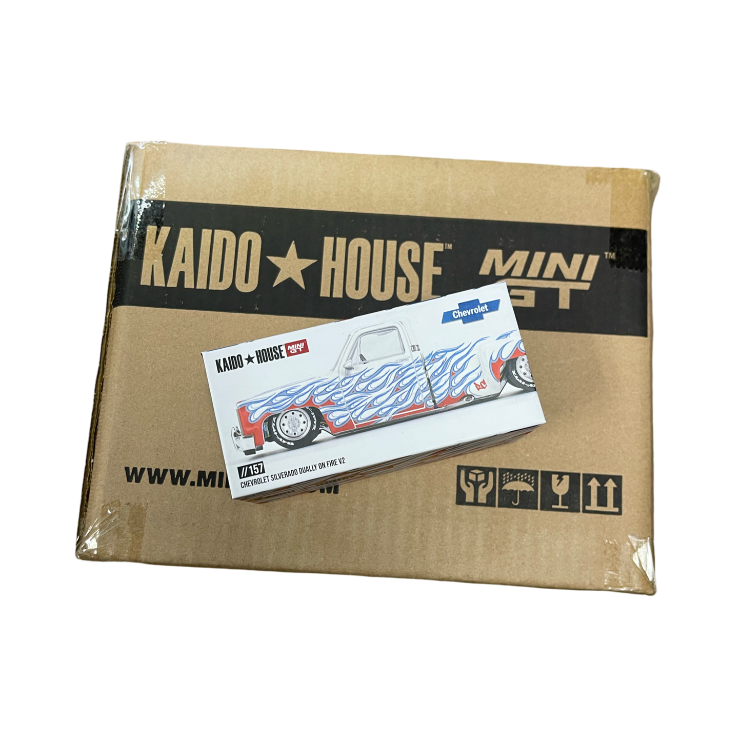 MiniGT X Kaido House 1:64 Chevrolet Silverado Dually on Fire V2 – White Flames *Sealed Case*