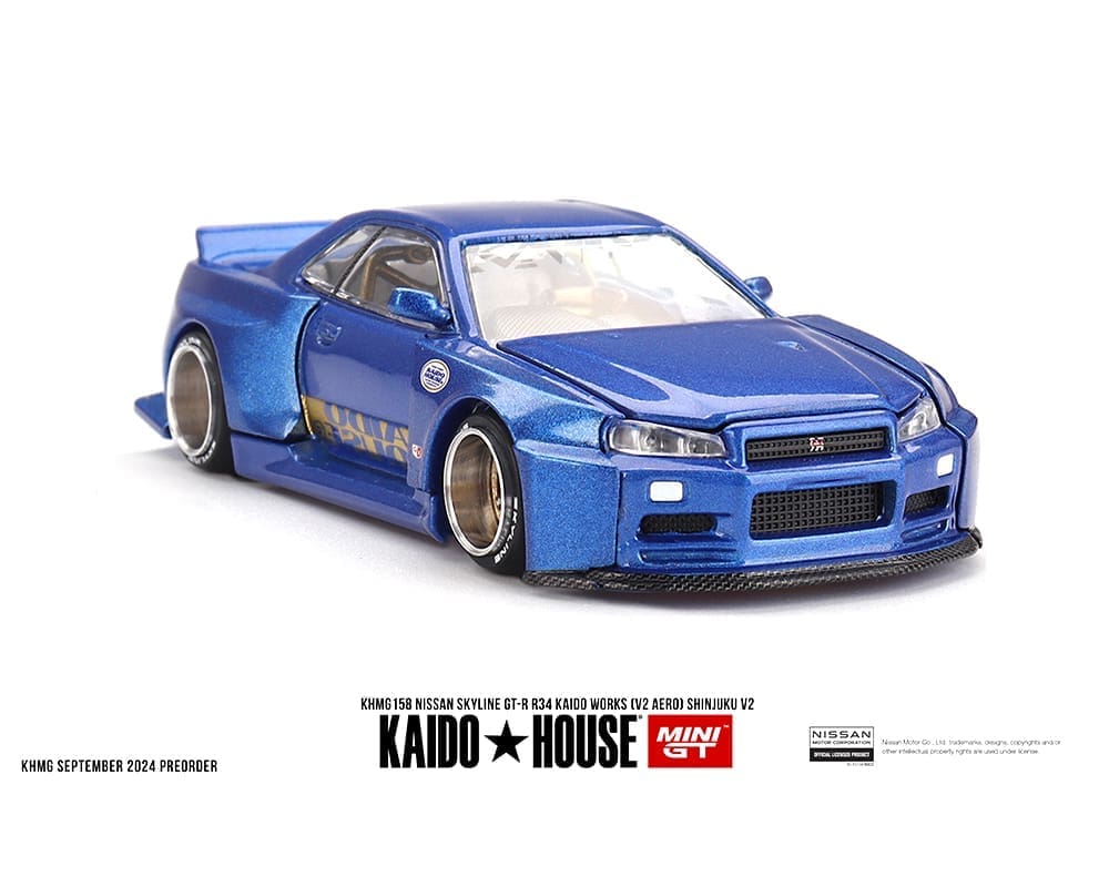 MiniGT X Kaido House 1:64 Nissan Skyline GT-R (R34) Kaido Works (V2 Aero) SHINJUKU V2- Blue
