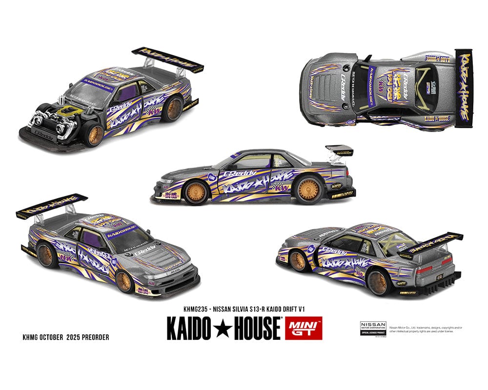 MiniGT X Kaido House 1:64 Nissan Silvia S13-R Kaido Drift V1 Greddy Gunmetal Gray