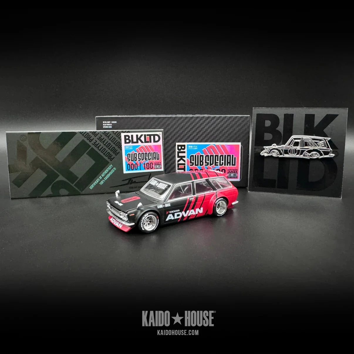 Kaido House 1:64 BLKLTD Datsun KAIDO 510 Wagon ADVAN Black Limited With Pin - KHMG038