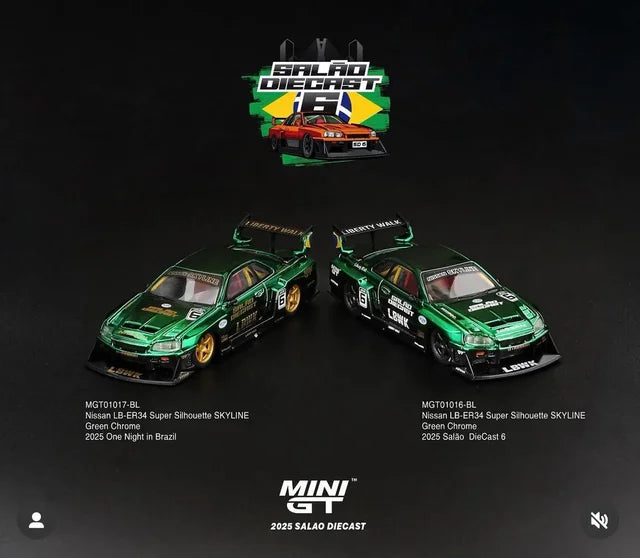 Mini GT 1:64 Nissan Skyline LB-ER34 Super Silhouette Chrome Green 2025 Salao Brazil Exclusive *PAIR*