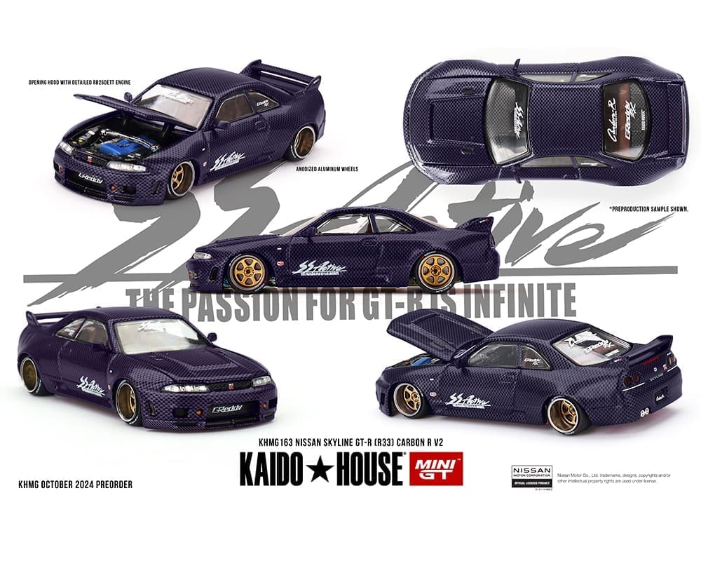 MiniGT X Kaido House 1:64 Nissan Skyline GT-R (R33) Active Carbon R V2 – Purple Carbon
