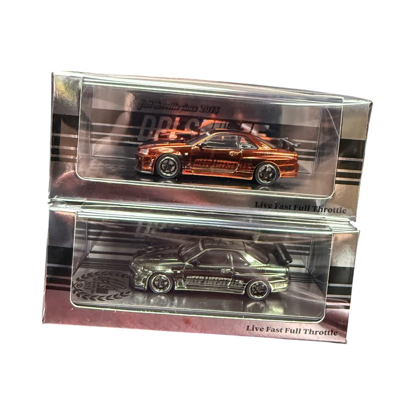 Inno64 X DPLS 1:64 Tokyo Auto Salon Hong Kong 2025 Exclusive PAIR - Nissan Skyline GT-R R34 Orange & Green Chrome