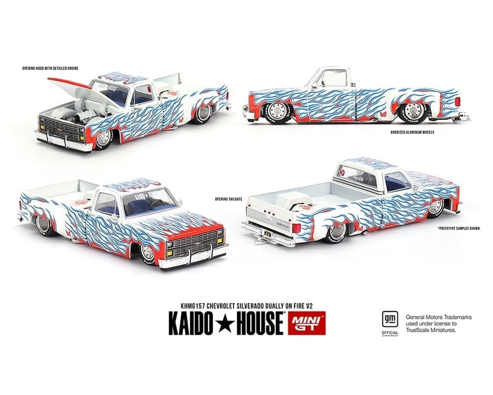 Kaido House x MiniGT 1:64 Chevrolet Silverado Dually on Fire V2 – White Flames