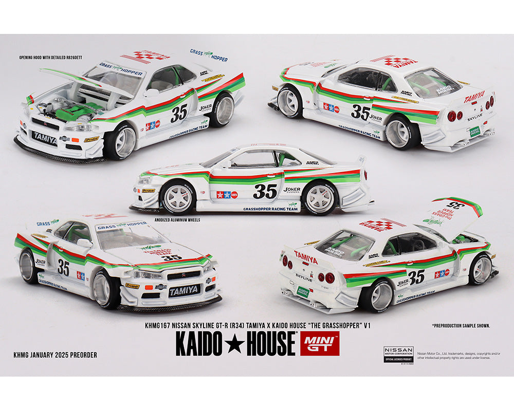 **LIMIT 2** MiniGT X Kaido House 1:64 Nissan Skyline GT-R (R34) Tamiya “The Grasshopper” V1 – White