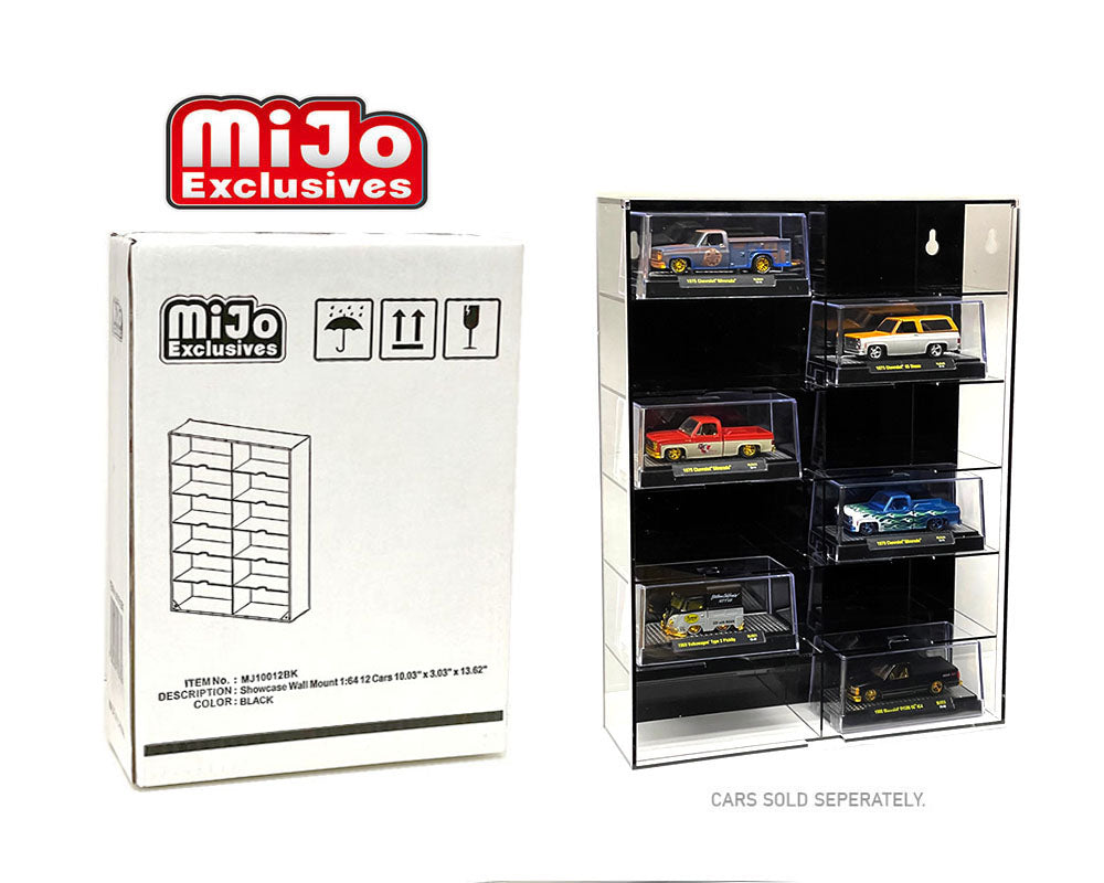 Showcase 1:64 12 Car Display Case For Acrylic Cars - Wall Mount With Black Back & Clear Cover - MiJo Exclusive