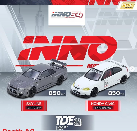 Inno64 1:64 2025 Thailand Diecast Expo PAIR - Skyline GT-R R34 & Civic Type R EK9