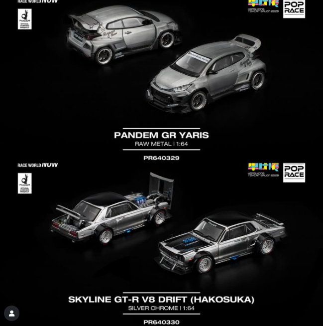 Pop Race 1:64 2025 Hong Kong Toy Car Salon Exclusive Pair - Pandem GR Yaris Raw Metal & Skyline V8 Drift Hakosuka Silver Chrome