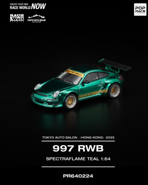 Pop Race 1:64 Tokyo Auto Salon Hong Kong 2025 Exclusive - RWB 997 Chrome Teal