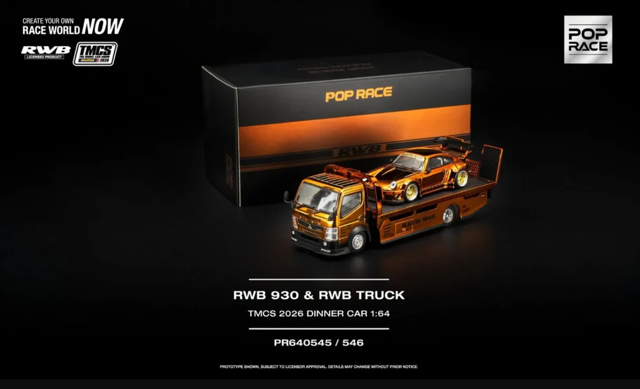 Pop Race 1:64 2026 TMCS Dinner Exclusive Set - RWB 930 & Orange Chrome Transport