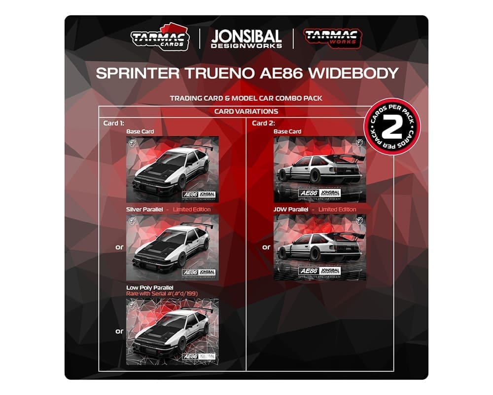 Tarmac Works 1:64 Toyota Sprinter Trueno AE86 Widebody by Jon Sibal with Trading Card – White – MiJo Exclusive