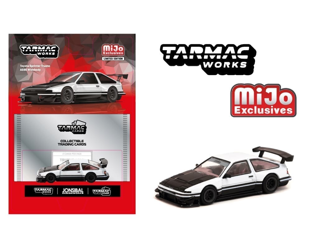 Tarmac Works 1:64 Toyota Sprinter Trueno AE86 Widebody by Jon Sibal with Trading Card – White – MiJo Exclusive