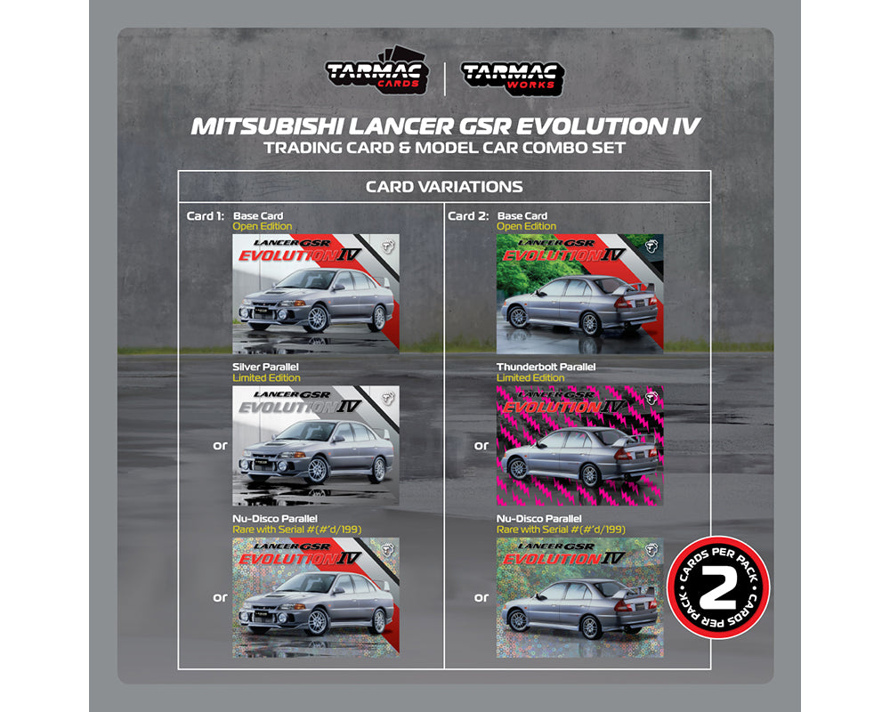 Tarmac Works 1:64 Mitsubishi Lancer GSR Evolution IV with Trading Cards – Silver