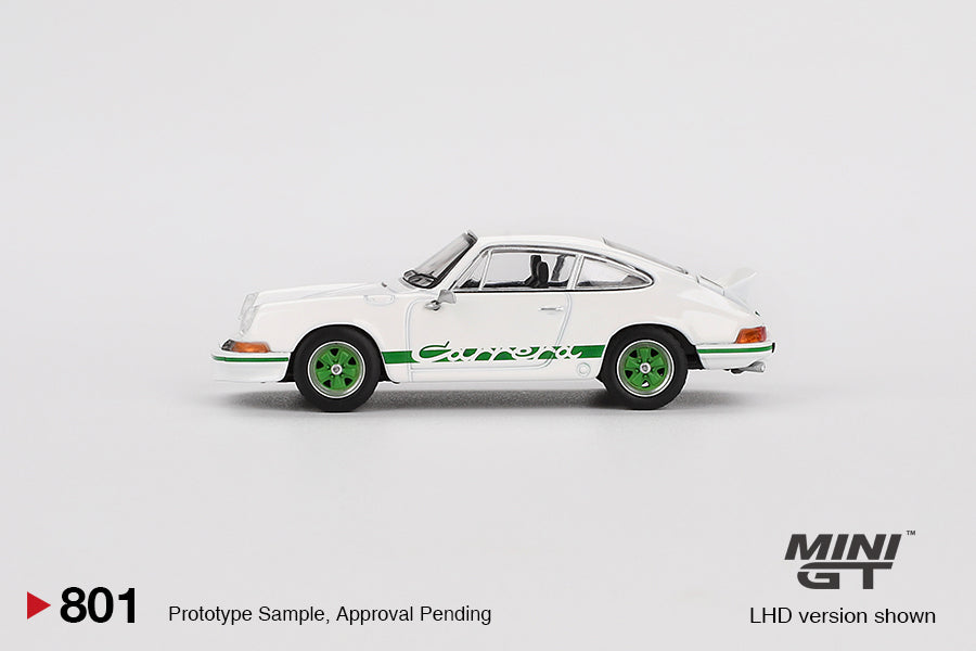 MiniGT 1:64 Porsche 911 Carrera RS 2.7 Grand Prix White with Green Livery #801
