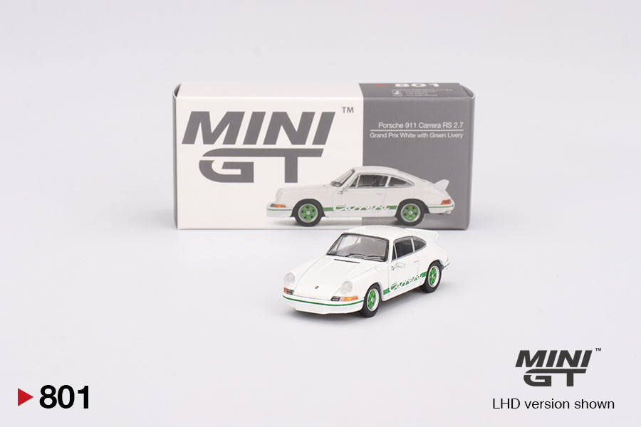 MiniGT 1:64 Porsche 911 Carrera RS 2.7 Grand Prix White with Green Livery #801