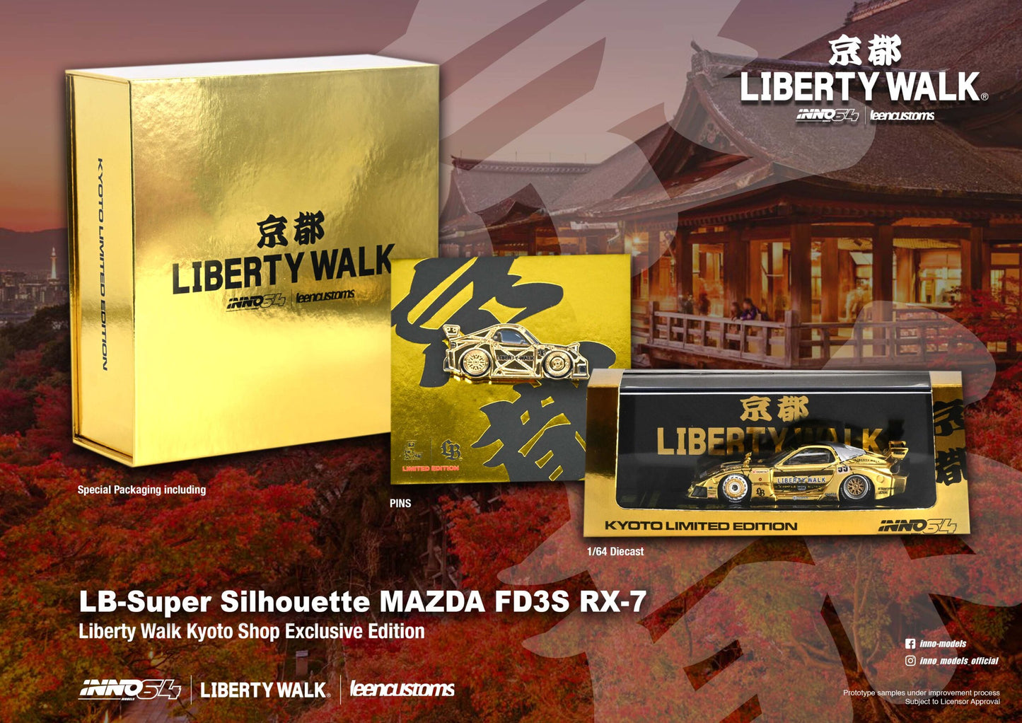 Inno64 X LBWK 1:64 Limited Liberty Walk RX-7 Gold With Leen Customs Pin In Exclusive Special Box