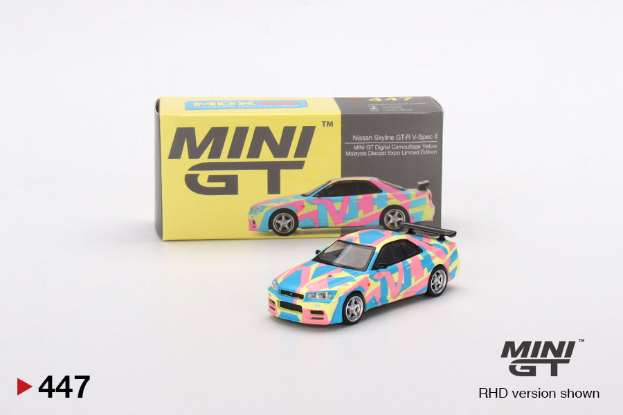 MiniGT 1:64 Nissan Skyline GT-R R34 V-Spec II Digital Camouflage Yellow **2022 Malaysia Diecast Expo Limited Edition** #447