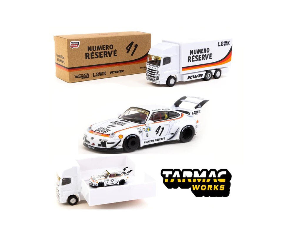 Tarmac Works 1:64 Singapore Exclusive RWB 993 LBWK With Transporter –  Numero Reserve White