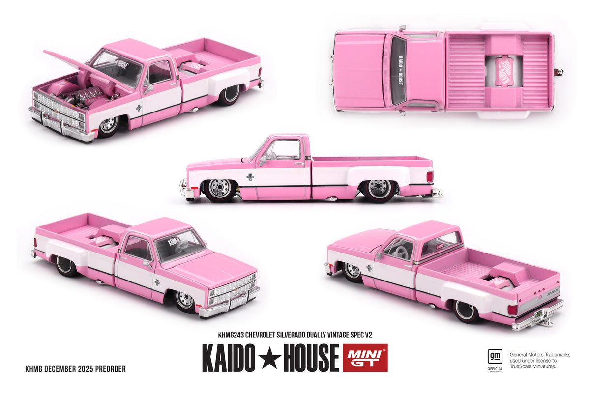 MiniGT X Kaido House 1:64 Chevrolet Silverado Dually Vintage Spec V2 – Pink With White