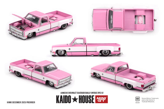 MiniGT X Kaido House 1:64 Chevrolet Silverado Dually Vintage Spec V2 – Pink With White