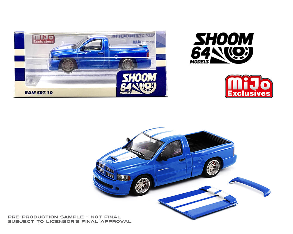 Shoom64 1:64 2003 Dodge Ram SRT-10 Pickup – Electric Blue Pearl / White Stripes – MiJo Exclusive