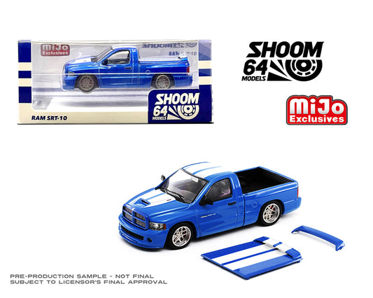 Shoom64 1:64 2003 Dodge Ram SRT-10 Pickup – Electric Blue Pearl / White Stripes – MiJo Exclusive