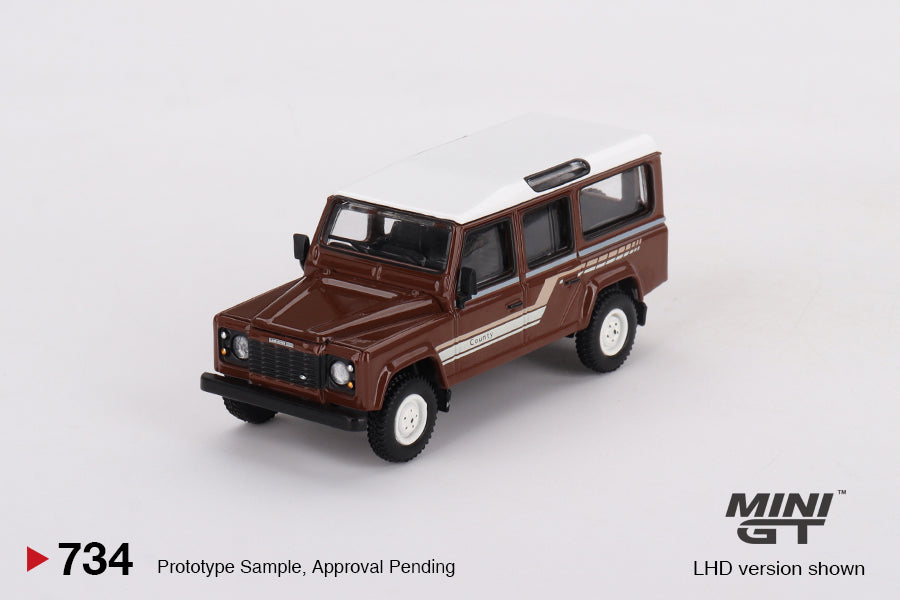 MiniGT 1:64 Land Rover Defender 110 1985 County Station Wagon Russet Brown – MiJo Exclusive #734