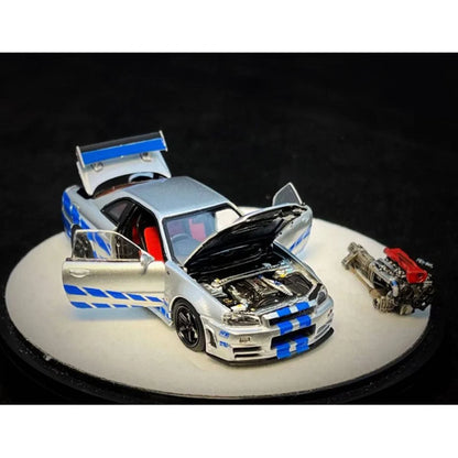 PGM X Onemodel 1:64 Nissan GT-R (R34) Z-Tune Silver W/ Blue Stripe - Fast & Furious