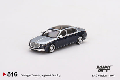 MiniGT 1:64 Mercedes Maybach S680 Cirrus Silver / Nautical Blue Metallic - MiJo Exclusive #516