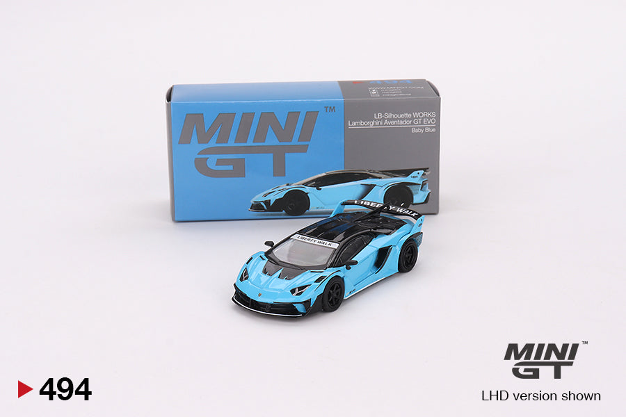 MiniGT 1:64 Lamborghini LB-Silhouette WORKS Aventador GT EVO – Baby Blue – MiJo Exclusive #494