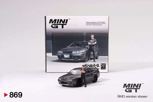 MiniGT 1:64 Nissan Skyline GT-R (R32) Nismo Gunmetal W/ Matsuda Figure – Tsugio Matsuda Collection #869