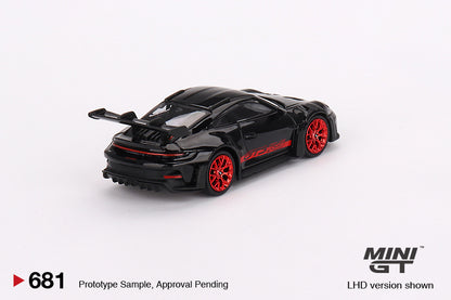 MiniGT 1:64 Porsche 911 (992) GT3 RS – Black with Pyro Red – MiJo Exclusive #681