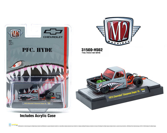 M2 Machines 1:64 1973 Chevrolet Cheyenne Super 10 “PFC. HYDE” Shark Face – Hobby Exclusive