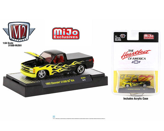 M2 Machines 1:64 1993 Chevrolet C1500 454SS Pickup Custom Black w/ Yellow Flames – MiJo Exclusive
