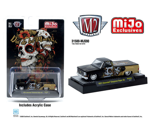 M2 Machines 1:64 1977 Chevrolet Cheyenne Super 30 “Dia De Los Muertos” 2025 – Black Gold