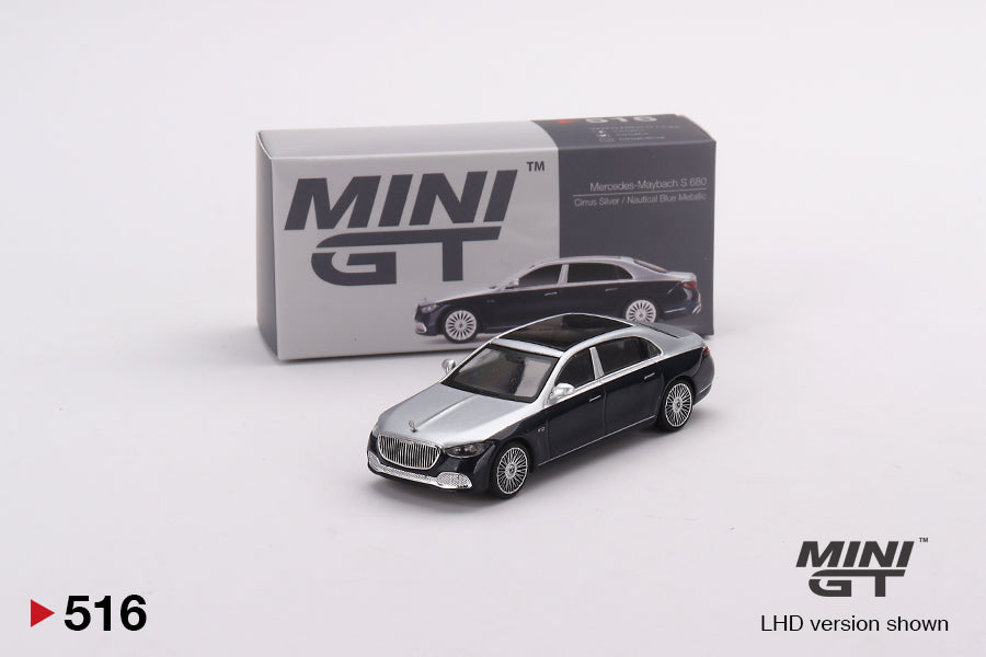 MiniGT 1:64 Mercedes Maybach S680 Cirrus Silver / Nautical Blue Metallic - MiJo Exclusive #516