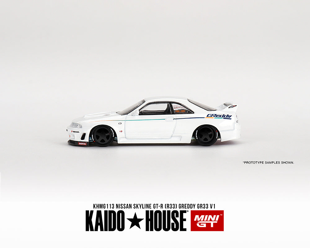 MiniGT X Kaido House 1:64 Nissan Skyline GT-R (R33) Greddy GR33 V1 – White