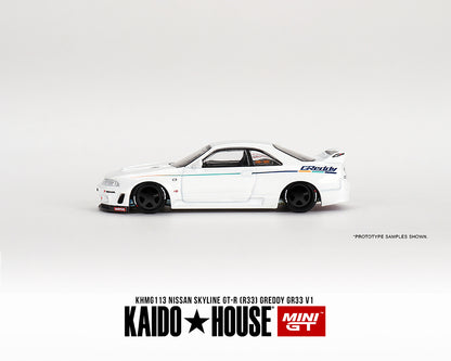 MiniGT X Kaido House 1:64 Nissan Skyline GT-R (R33) Greddy GR33 V1 – White