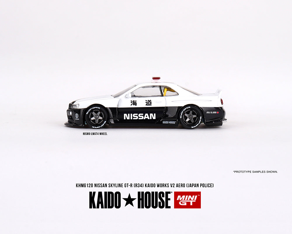 MiniGT X Kaido House 1:64 Nissan Skyline GT-R R34 Kaido Works (V2 Aero) Japan Police