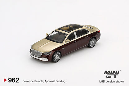 MiniGT 1:64 Mercedes Maybach S680 – Gold / Dark Red Metallic #962