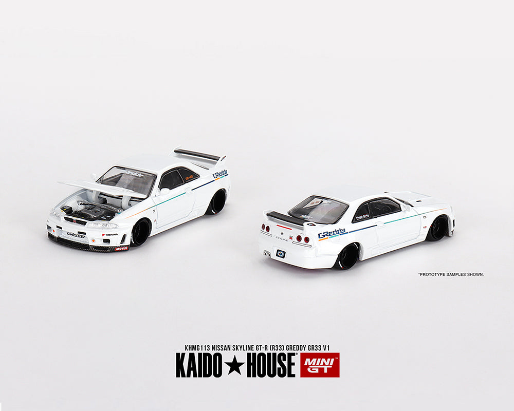 MiniGT X Kaido House 1:64 Nissan Skyline GT-R (R33) Greddy GR33 V1 – White